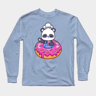 Cute Chef Panda With Donut Holding Cake Cartoon Long Sleeve T-Shirt